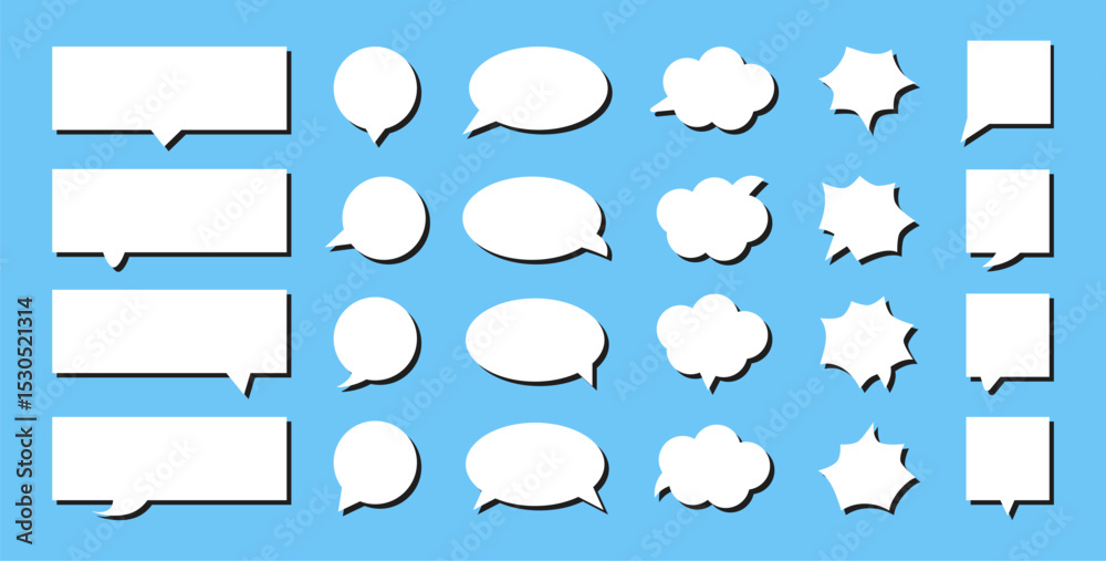 Poster message comments white chat box. collection of flat style speech bubbles. empty comic textboxes. tal