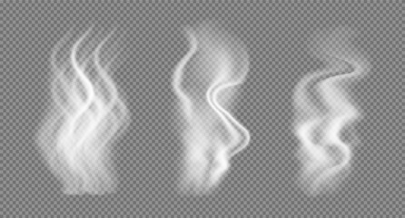 Realistic Smoke of tea, coffee cup set. Food steam or vapor clouds, white cigarette or hookah, hot dish or mug haze isolated design elements on black background