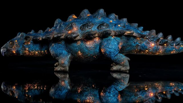 A sculpted dinosaur stands illuminated It features a patterned blue glow against a dark background with a reflective surface The statue evokes nighttime wonder
