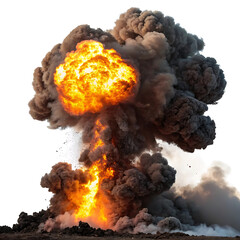 Fiery explosion with billowing smoke isolated on white background