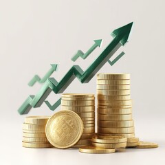 Gold coins stacked high, with a green upward trend graph