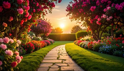 Fototapeta premium Sunset pathway through colorful flower garden outdoor landscape scenic view tranquil environment
