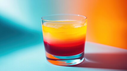 A glass of layered cocktail with red, orange, and yellow liquids sits on a white surface against a blue and orange background