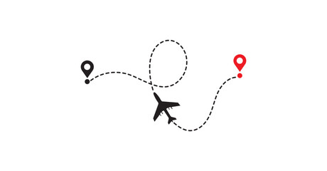 Airplane Travel Path with Red and Black Destination Map Pins