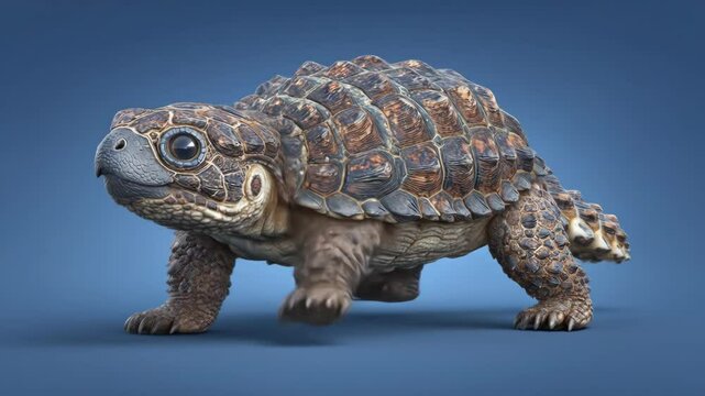 A small turtle walks on a blue surface The turtle has a detailed textured shell and looks directly at the viewer It is a studio shot