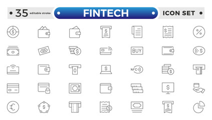 Fintech outline Icons set. Containing Financial, Digital Native, Cloud Tech, Cashless Payment, Digital Economy, Mobile Payments and more. Editable stroke outline icon.
