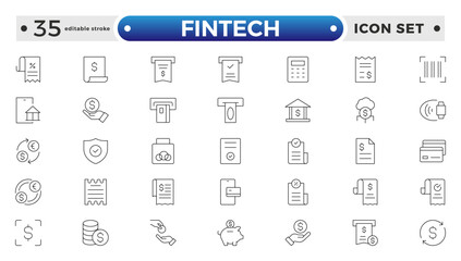 Fintech outline Icons set. Containing Financial, Digital Native, Cloud Tech, Cashless Payment, Digital Economy, Mobile Payments and more. Editable stroke outline icon.
