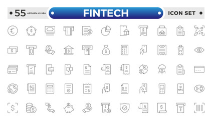 Fintech outline Icons set. Containing Financial, Digital Native, Cloud Tech, Cashless Payment, Digital Economy, Mobile Payments and more. Editable stroke outline icon.

