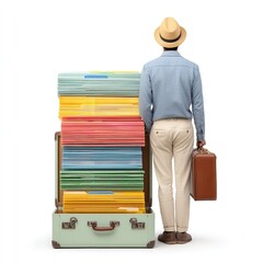 Man with suitcase looking at stack of files in suitcase for travel and work balance concept
