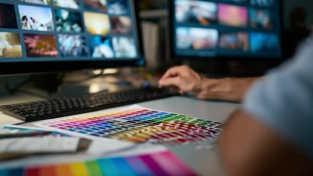 Digital Workspace of Creation: A professional is immersed in a high-tech, dynamic workspace, illuminated by the vibrant glow of computer screens and a spectrum of colorful palettes.