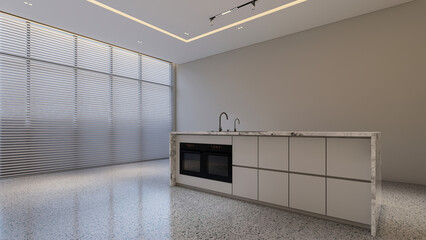 Empty Room with Marble Island Table 8K 3D Render, Natural & Artificial Lighting