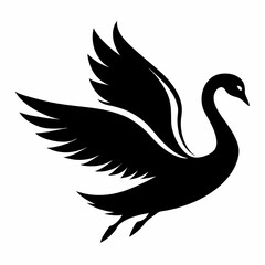 Elegant swan silhouette in graceful flight against a clean white backdrop perfect for logos branding or artistic design elements