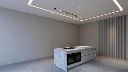 Empty Room with Marble Island Table 8K 3D Render, Natural & Artificial Lighting