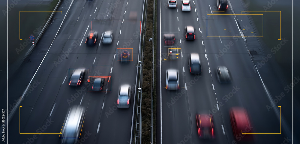 Poster Advanced traffic recognition technology identifies and tracks vehicles on multiple road lanes. The system enhances traffic management and improves road safety during peak hours and daily commutes.