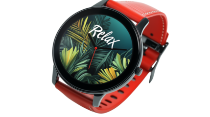 Smartwatch showing "Relax" with tropical animation, 3D glossy style, isolated PNG