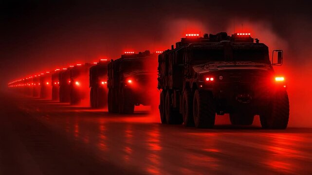 Convoy of Military Vehicles at Night