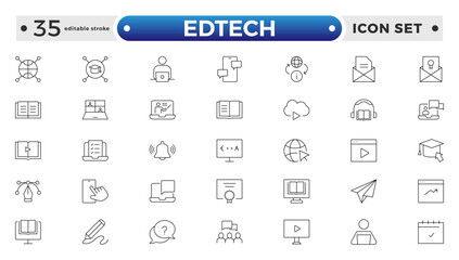 Edtech outline icon set representing online education and virtual learning. Includes icons of students, teachers, laptops, graduation caps, certificates, video tutorials. Editable stroke outline icon
