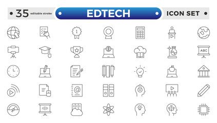 Edtech outline icon set representing online education and virtual learning. Includes icons of students, teachers, laptops, graduation caps, certificates, video tutorials. Editable stroke outline icon
