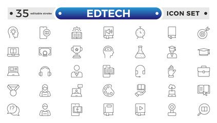 Edtech outline icon set representing online education and virtual learning. Includes icons of students, teachers, laptops, graduation caps, certificates, video tutorials. Editable stroke outline icon
