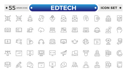 Edtech outline icon set representing online education and virtual learning. Includes icons of students, teachers, laptops, graduation caps, certificates, video tutorials. Editable stroke outline icon
