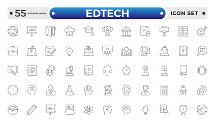 Edtech outline icon set representing online education and virtual learning. Includes icons of students, teachers, laptops, graduation caps, certificates, video tutorials. Editable stroke outline icon
