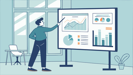 Man presenting business data on a whiteboard with graphs and charts in a modern office environment today