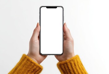 Smartphone held by hands, blank screen