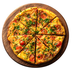 Frittata Frittata in a wooden plate close-up. Traditional Italian breakfast. Top view isolated on a white background