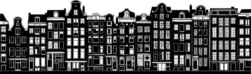  black and white silhouette of a row of buildings, houses, european buildings