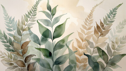 Watercolor painting of botanical fern leaves in earthy tones for artistic design