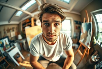Sunlit artist's loft portrait of a male painter