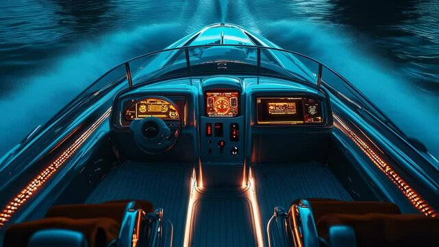 Futuristic speedboat interior with digital display panels at full speed on water