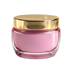 Frosted pink cosmetic jar with shiny gold lid, elegant minimalist design, and isolated on a white background