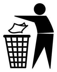 Trash disposal symbol of a person throwing garbage in a bin. Black stick figure icon. Clean and simple flat vector for environment, waste management, and public signage use. Icons, vector.