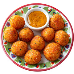 Front view of mouth-watering Cuban Croquetas de Jamón (Ham Croquettes) with Mustard Dipping Sauce on a colorful tropical platter isolated on a white background.