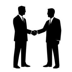 Two businessmen shaking hands in formal suits against a plain background  