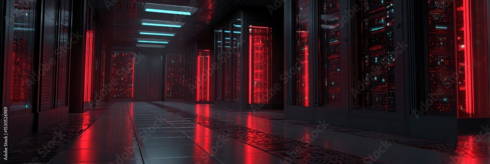 Fototapete overloaded server room with blinking red lights and clean layout during high-activity monitoring