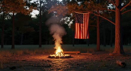 American flag hanging from a tree branch above a campfire in a forest. Independence day celebration and patriotism concept.