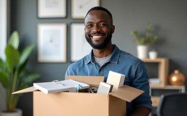Waist up portrait of mature African American man with box of personal items in office setting up workplace first day at new job copy space. High quality
