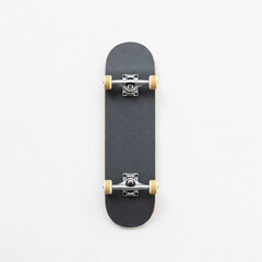 A classic skateboard with black griptape and light wheels,