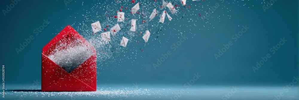 Poster phishing bait appears as an open gift box with virus mist and scattered email envelopes on a blue su