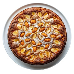 Galician almond cake in a . Close-up of almond cake in a white plate, top view. isolated on a white background