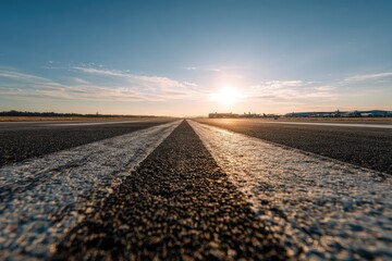 Fototapeta premium Runway at sunset, perspective leading to horizon