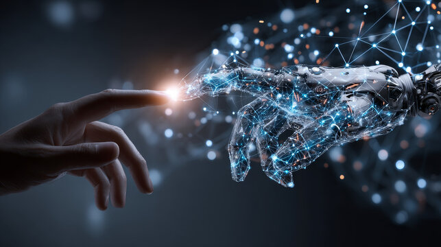 A hand touches the machine learning network, connecting data, algorithms, neural networks, automation, predictive analytics, computer vision, natural language processing, and intelligent systems.
