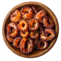 Galician octopus . Galician octopus in a wooden plate close-up. Traditional Spanish dish. Top view isolated on a white background