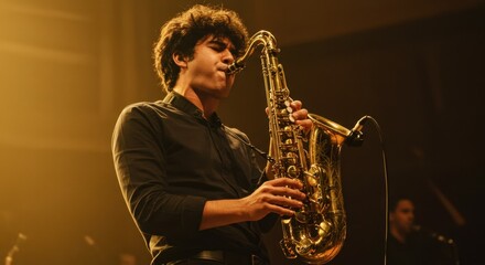 Obraz premium Saxophonist Leaning into the Performance