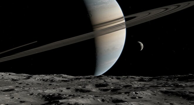 Massive Ringed Gas Giant Planet Dominating Alien Sky as Seen from Rocky Moon Surface with Craters and Shadows - Powered by Adobe