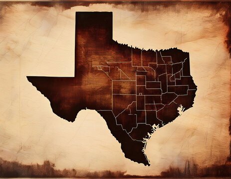 silhouette of Texas state map in a brown, textured style. It has a rustic appearance, resembling an old, weathered map.