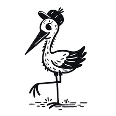 Playful Bird with Cap Whimsical Black and White Line Art Illustration