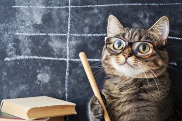 Funny cat in glasses holding pointer stick in front of chalkboard, great for educational humor, school campaigns, or pet-themed illustrations